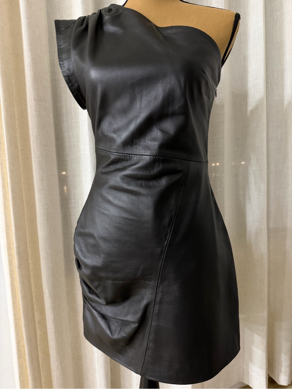 Premium One-Shoulder Black Leather Mini Dress - Picture 2 of 4